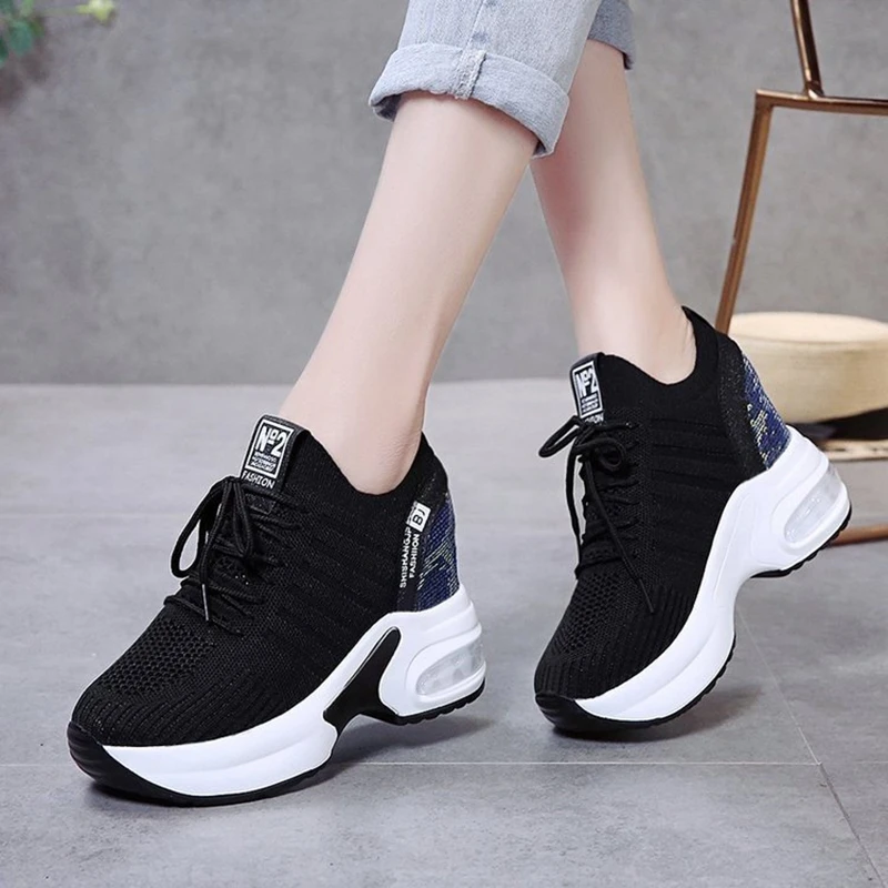 2022 New Women's Mesh Invisible Heightening Women's Wedge Heel Lace-up Sneakers Fashion Color Matching Women's Shoes