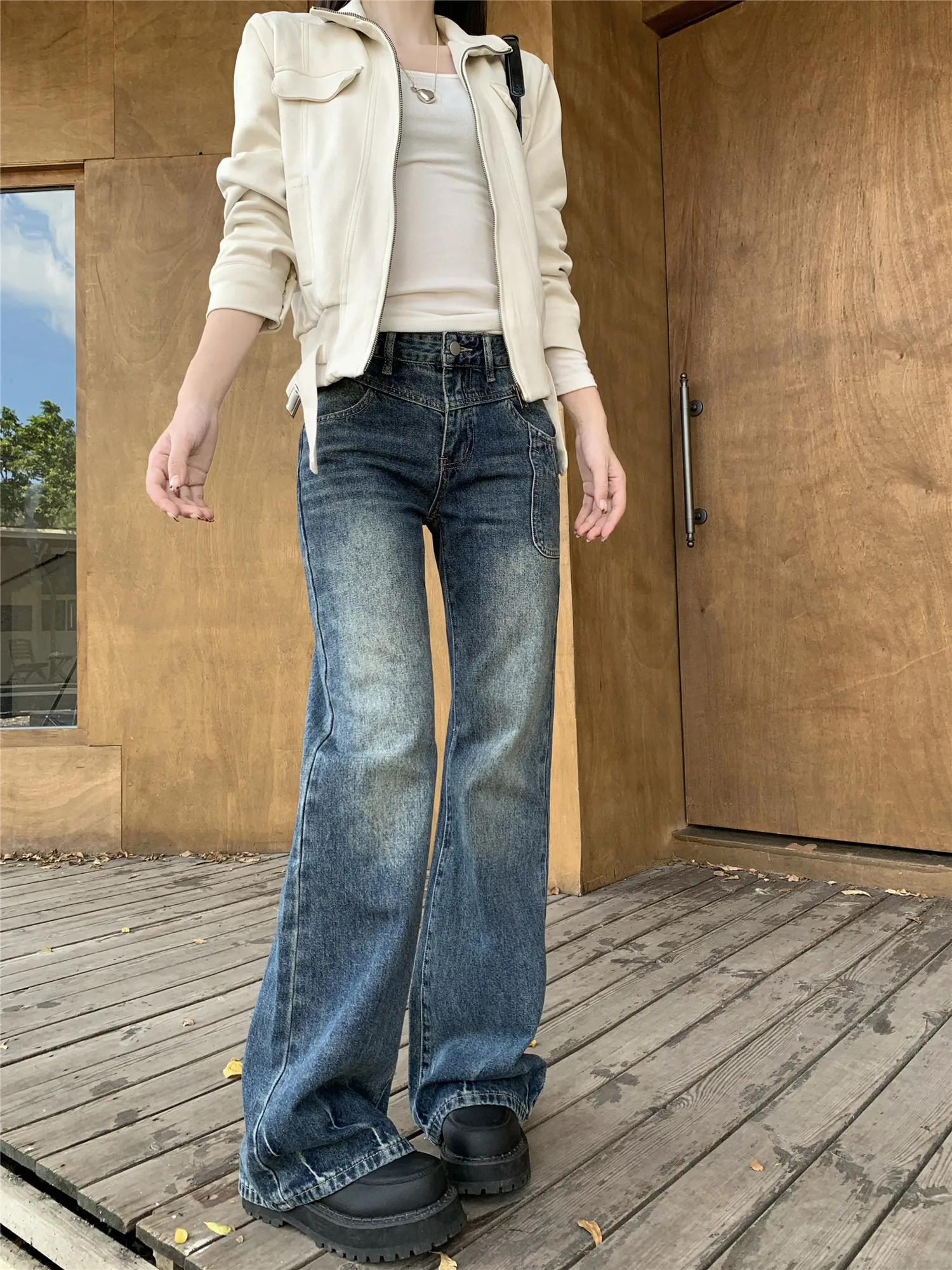 Retro Faded Bell Bot Jeans Damen-Jeans mit niedriger Taille, schmaler, bodenlanger Freizeithose, vielseitige lange Hose mit weitem Bein