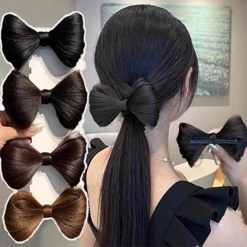 Synthetic Bow Hair Bun Chignon with Hairpins Black Brown Headdress Bow Hair Clip For Women Girl Fake Kittybow Styling Tools