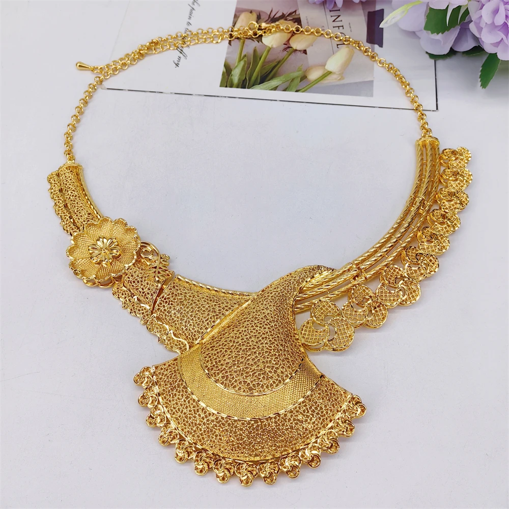ESALE Dubai Gold Plated Woman Jewelry Set Luxurious Flower Leaf Necklace Earrings Elegant Woman Dinner and Wedding Bijoux