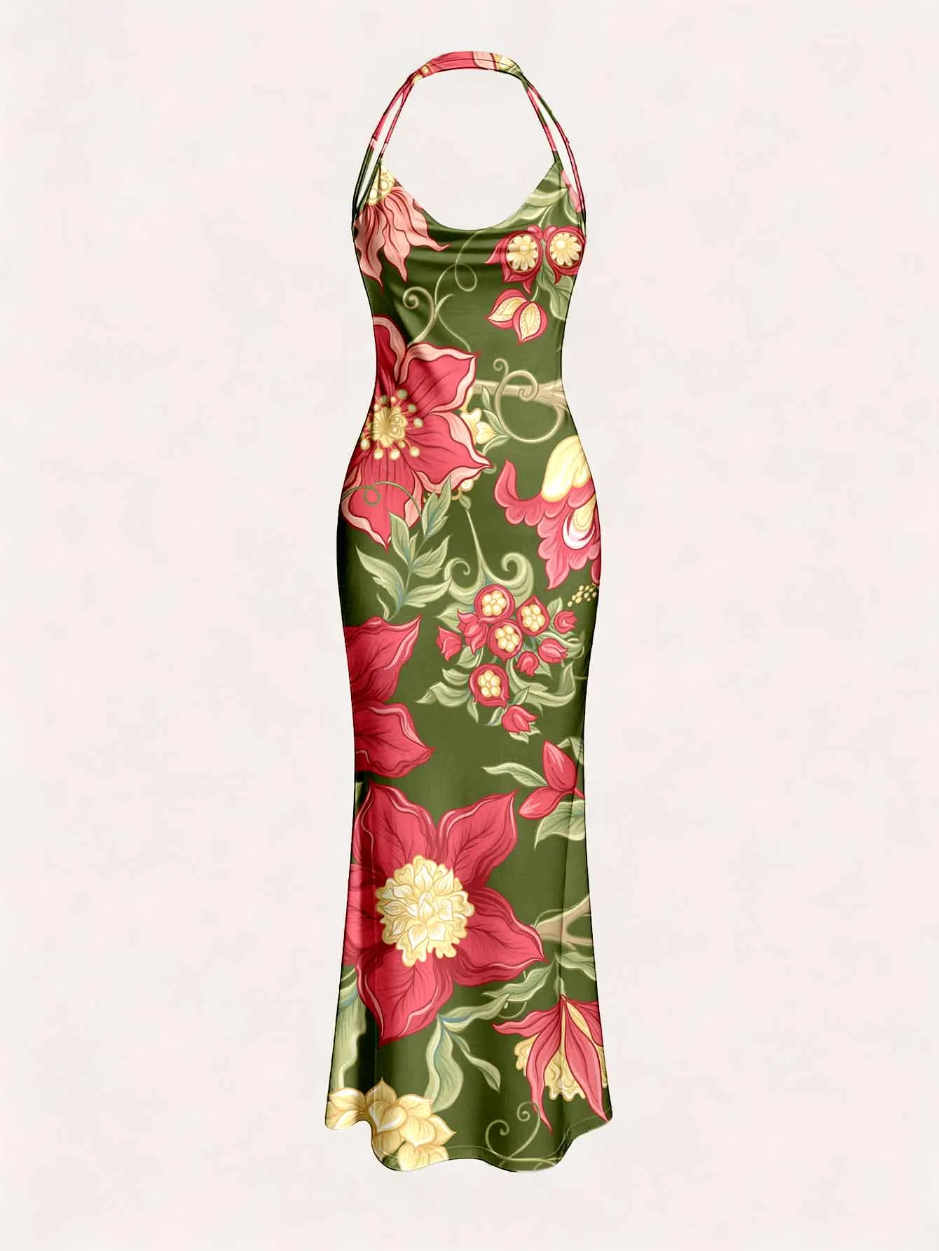 Ladies' slim shoulder strap square neck long skirt with elastic drape fabric, slim fit, hip hugging fish tail skirt