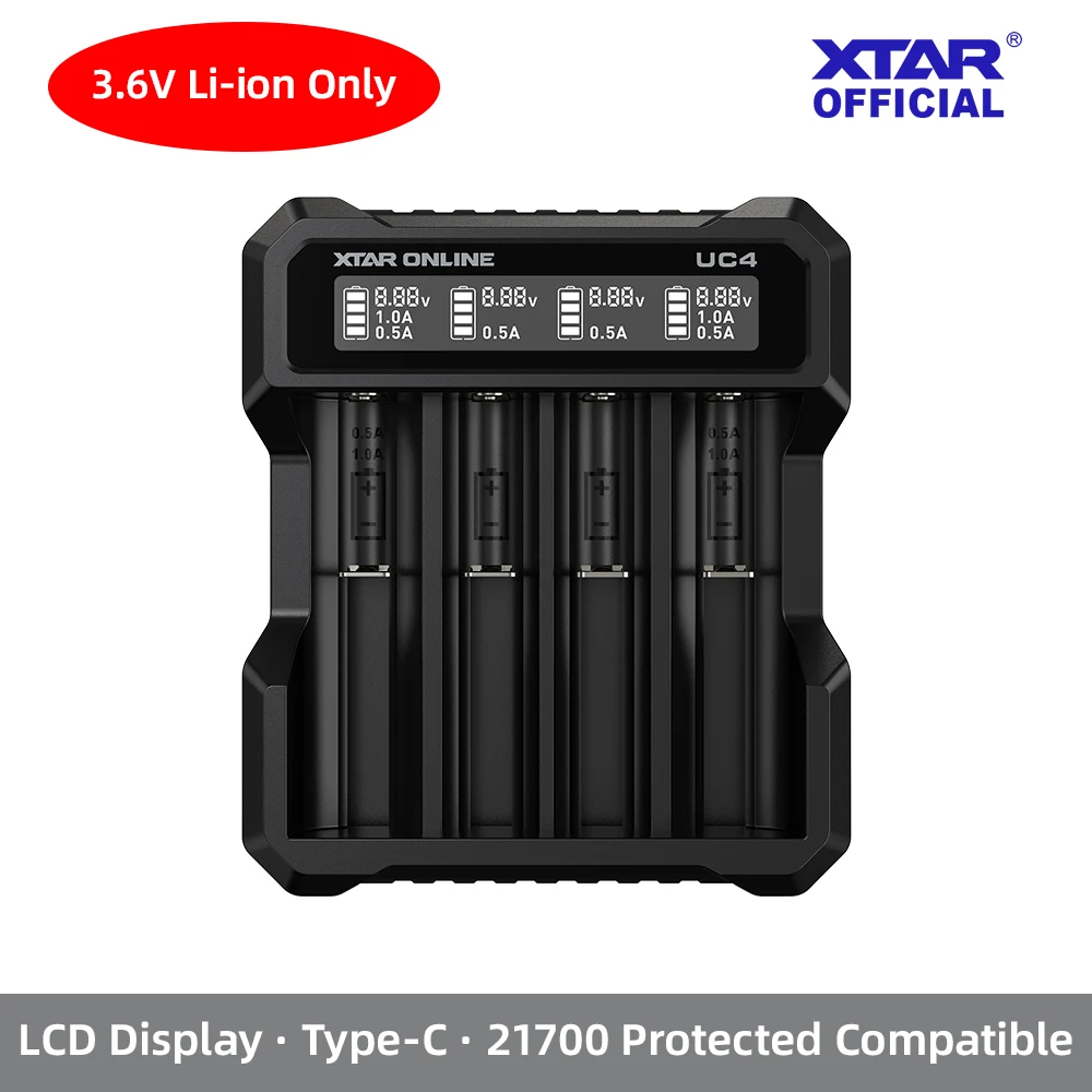 XTAR UC4 4-Slot LCD Smart Battery Charger for 18650 21700 3.6V/3.7V Li-ion Rechargeable Batteries Type-C Input  1A Fast Charge
