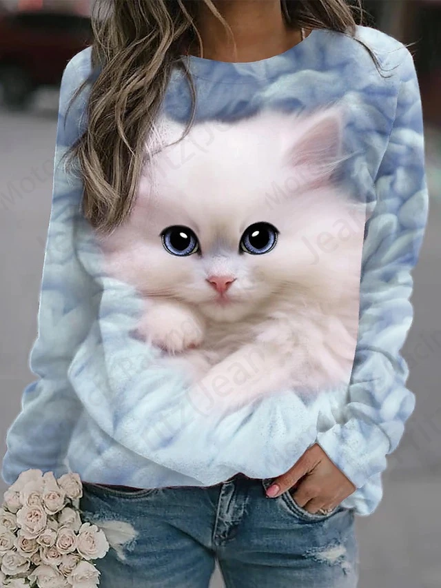 Kawaii Cat 3d Print O-Neck Hoodie Women Fashion Street Graphic Hoodies Women Sweats Coat Sports Clothes Femme Sudadera Lady Top