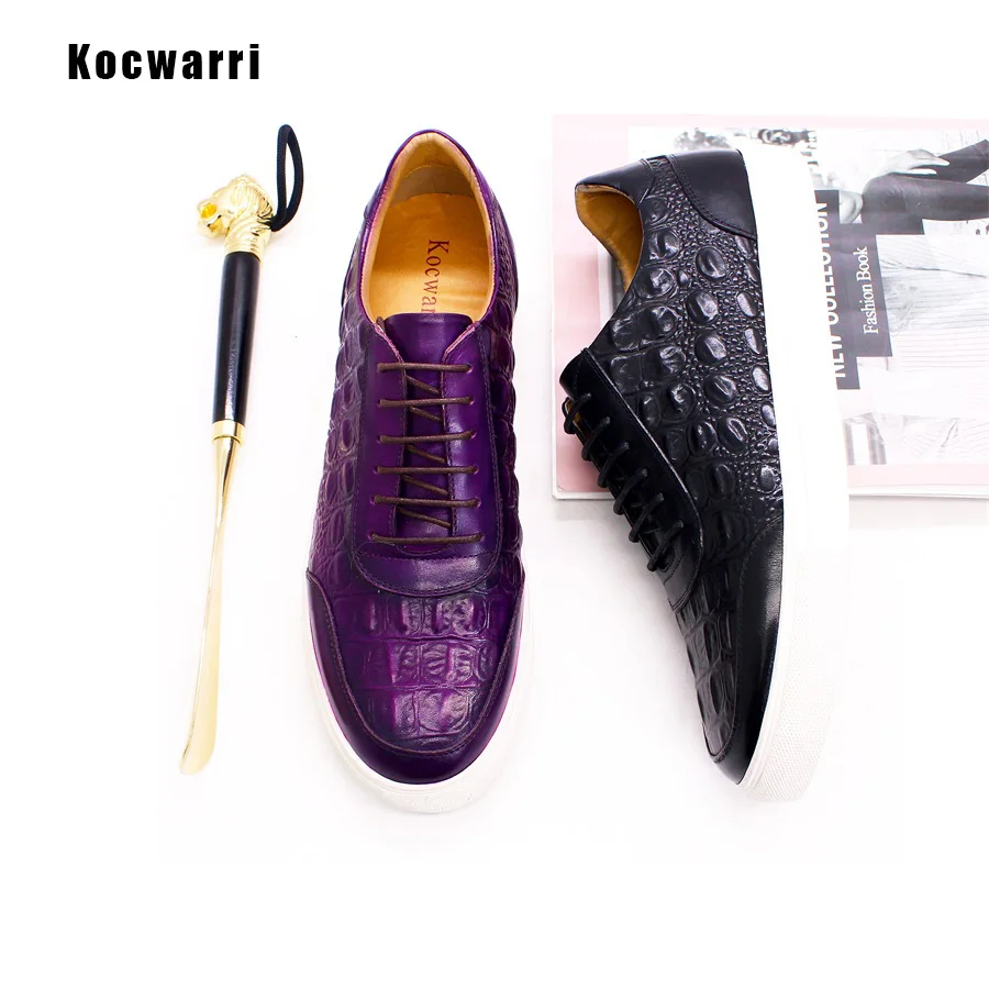 Men\'s Fashion Casual Leather Shoes Handmade Genuine Leather Crocodile Pattern Lace Up Non-slip Flats Dating Party Dress Shoes