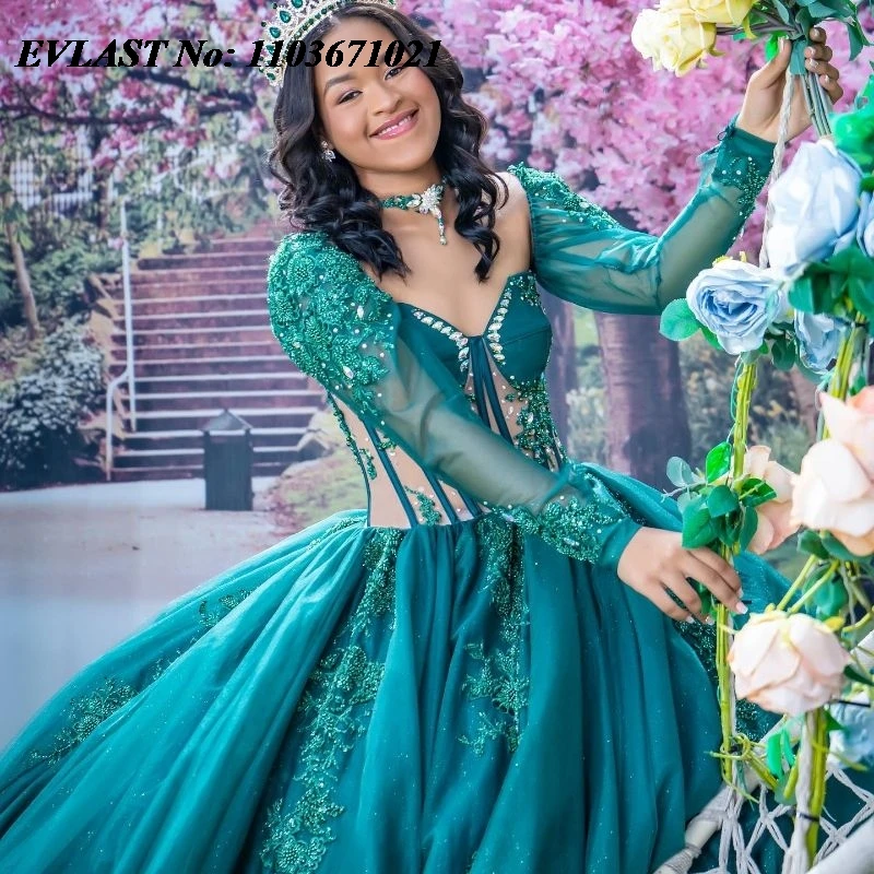 EVLAST Emerald Green Ball Gown Quinceanera Dress Lace Applique Crystals Beaded Long Sleeve Sweet 16 Vestidos De 15 Anos SQ194