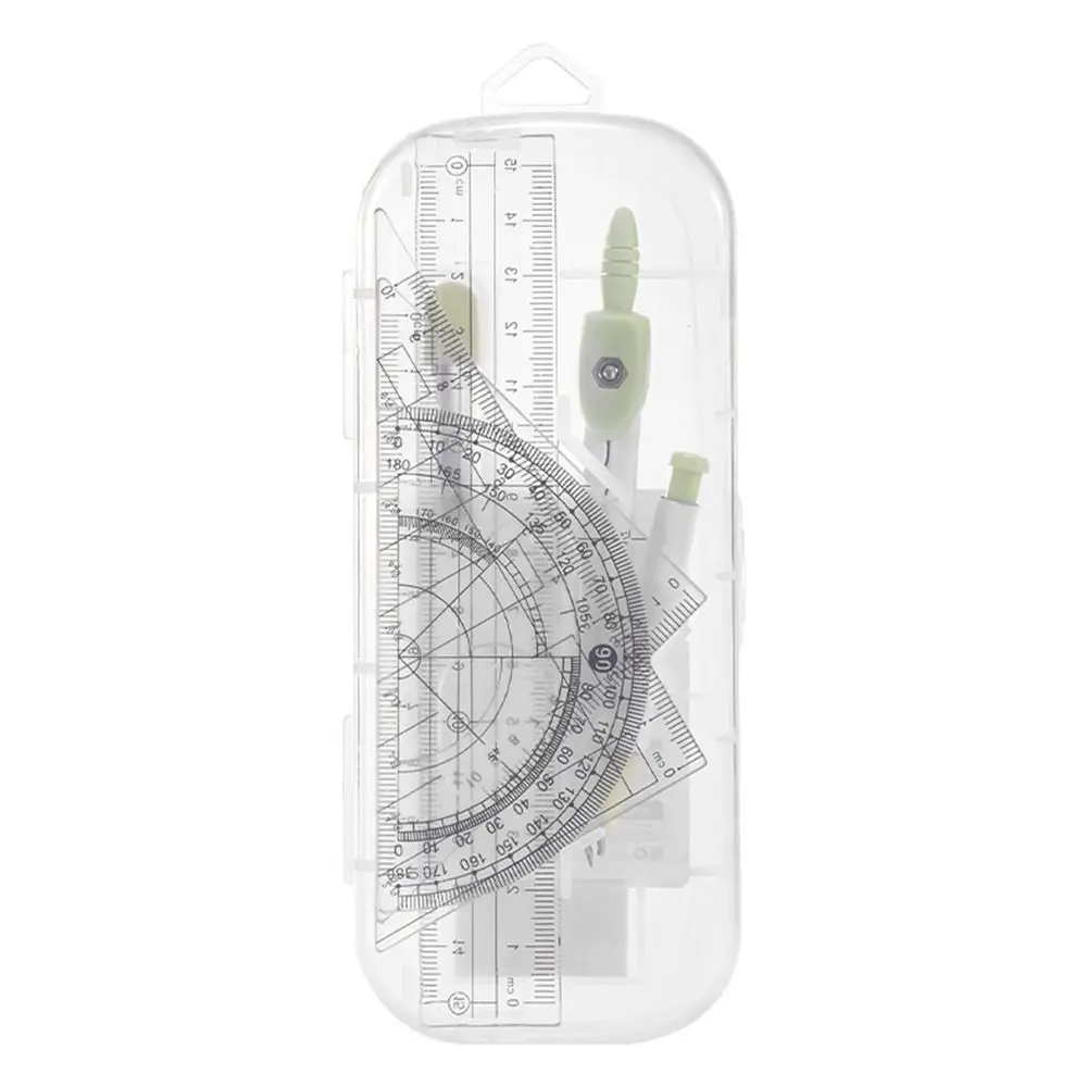 8PCS/Set Plastic Ruler Compasses Set Eraser Transparent Protractor Set Square Straight Ruler Measuring Ruler School Office