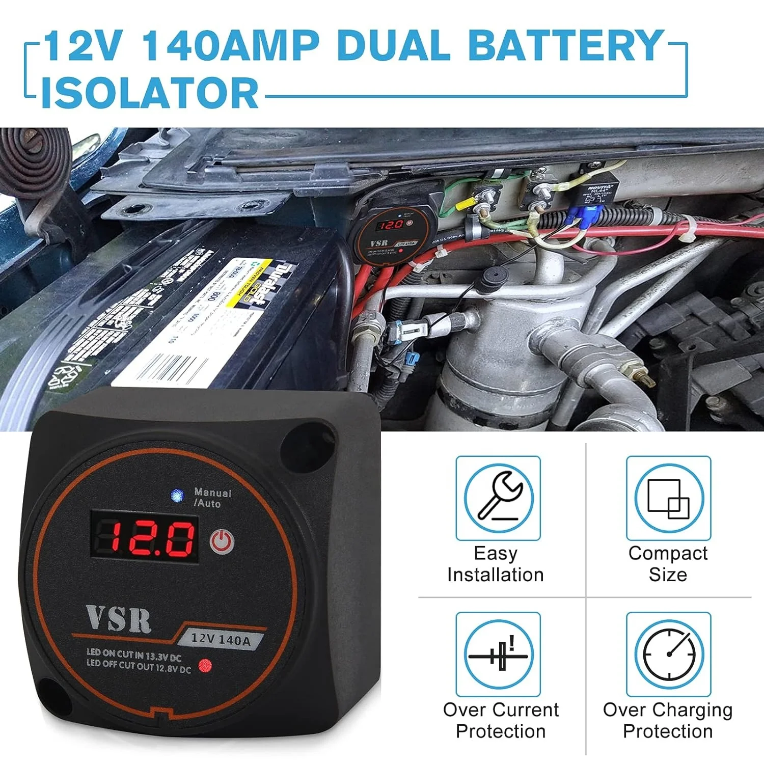Dual Battery Isolator 12V 140 Amp with Voltage Display Smart Battery Isolator Auto & Manual Mode Voltage Sensitive Relay (VSR)