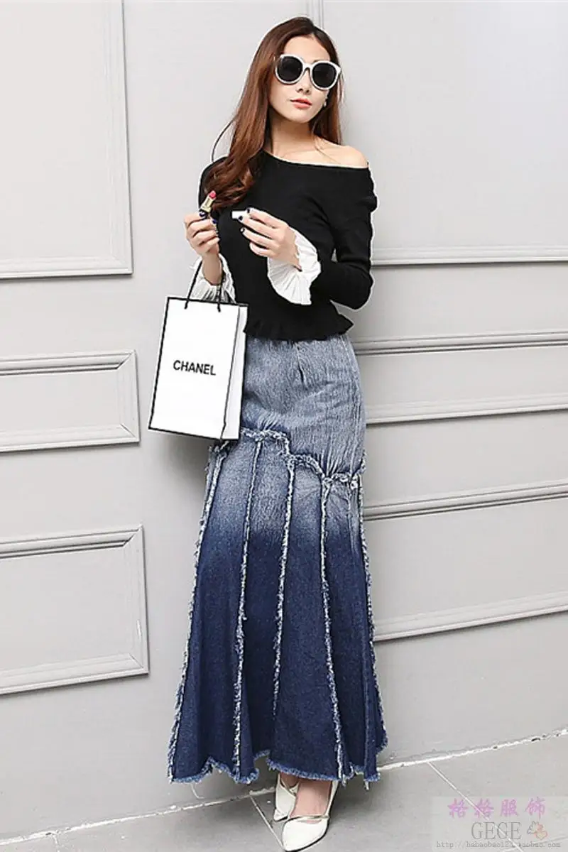 Free Shipping 2022 New Fashion Long Maxi Denim Jeans Skirts For Women S-L Mermaid Style Skirts With Tassels Spring Autumn