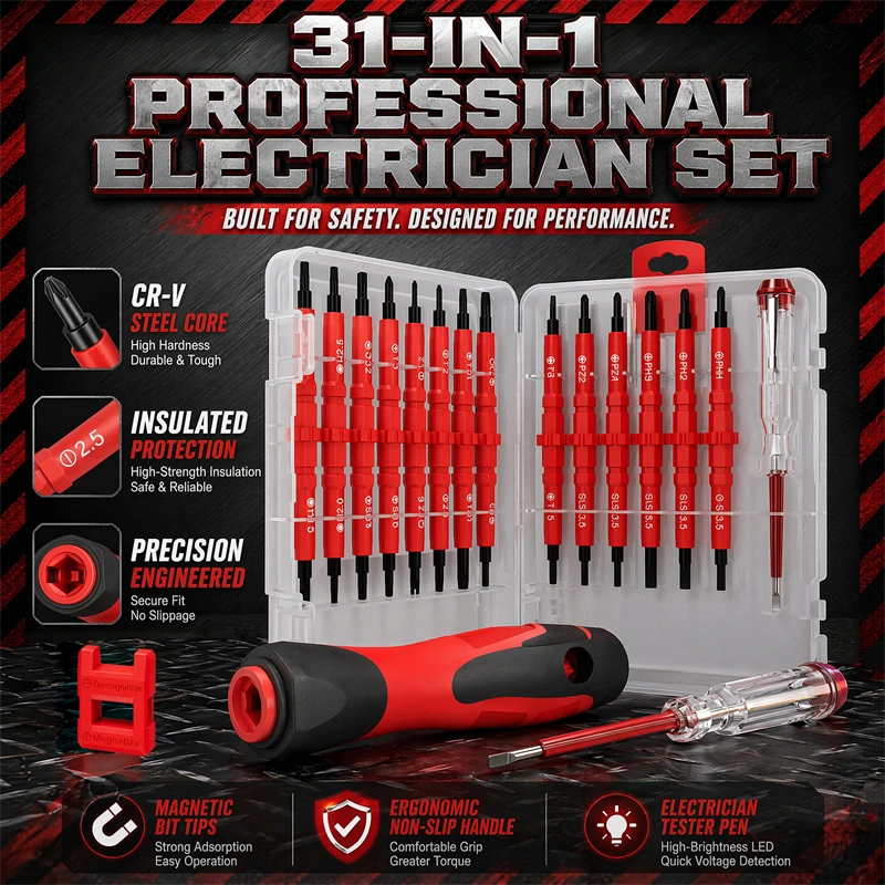 Insulated Screwdriver Set 18-31 in 1 Electrician Maintenance Tools Kit CRV Tip Magnetic Dual Head Precision Removable Bits