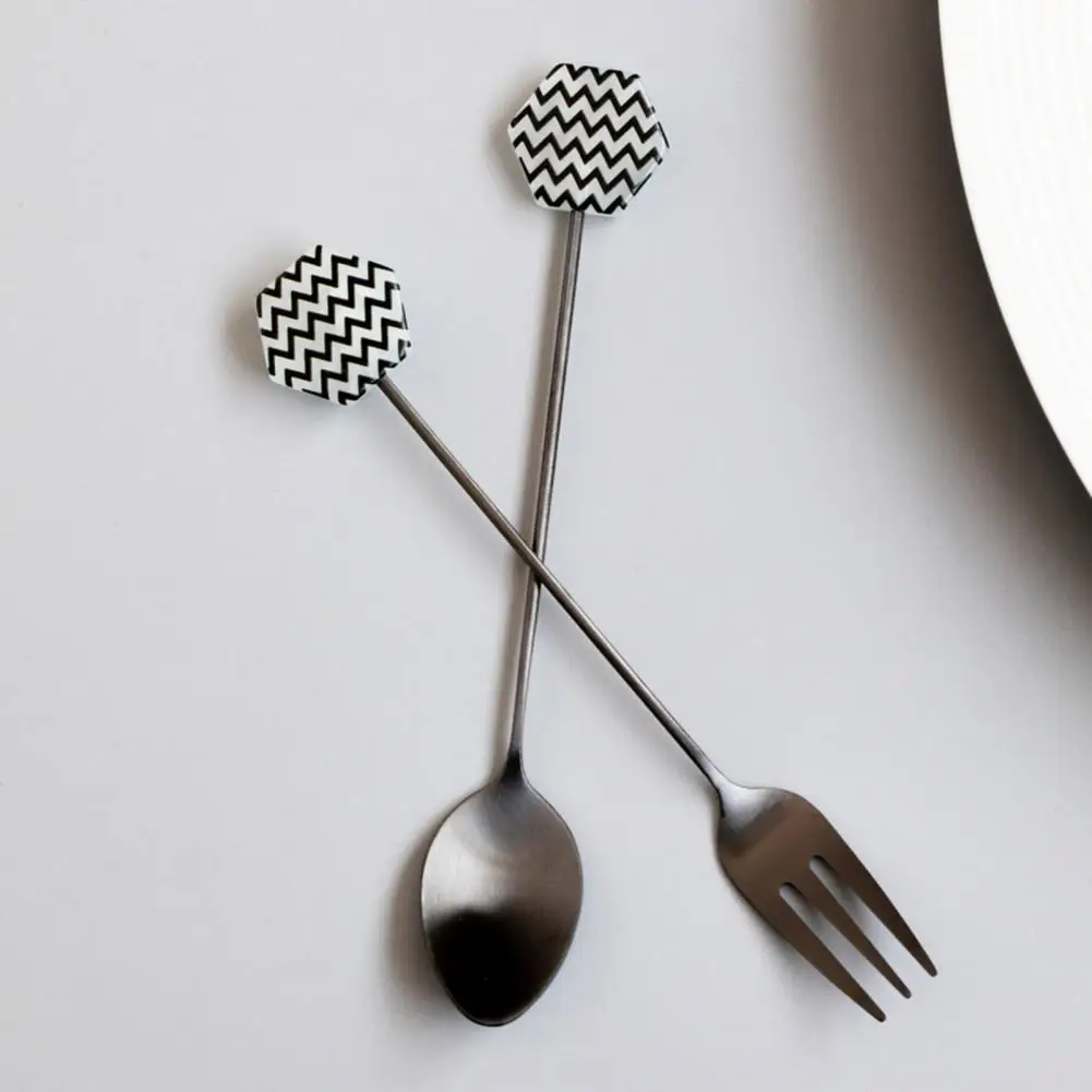 Modern Stainless Steel Coffee Spoon Dessert Fruit Fork Chess Grid Wave Printing Restaurant Hotel Photography Props