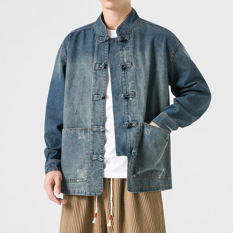 Spring Autumn Men\'s Chinese Style Denim Jackets Stand Collar Jean Outerwear Loose Casual Coat Men Casual Cotton Denim Jacket Man