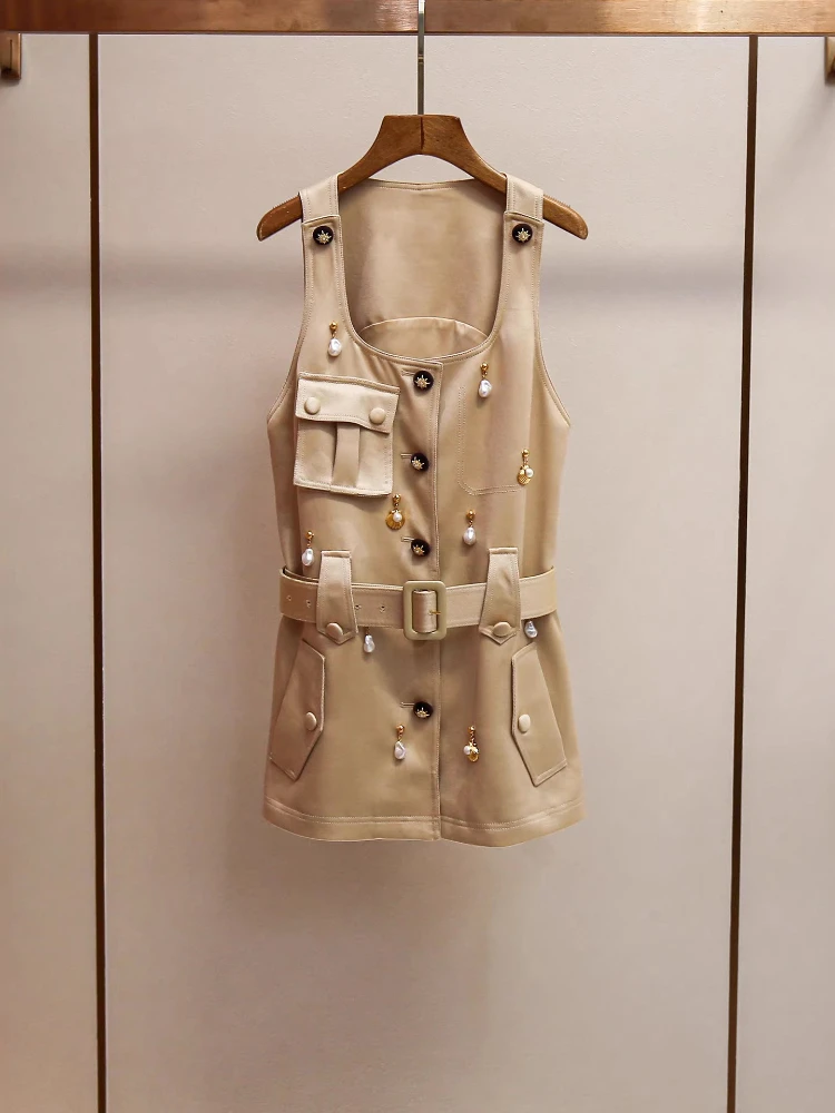 High End Women's Spring and Summer New Style Socialite Style Pendant Design Sense U-shaped Collar Vest Dress