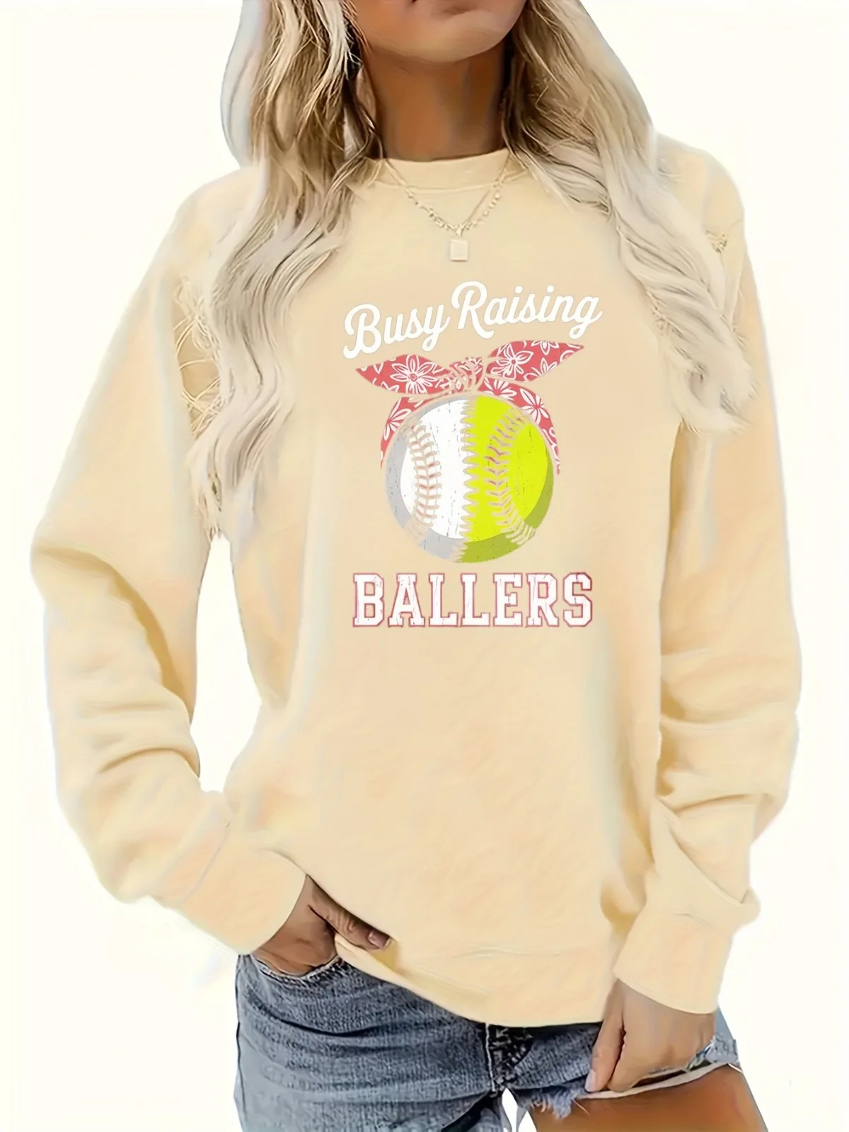 Women's Fashion Casual Softball Elements and Printed Text Pattern Round Neck Hoodie Suitable for Parties Holidays Gift Pullovers