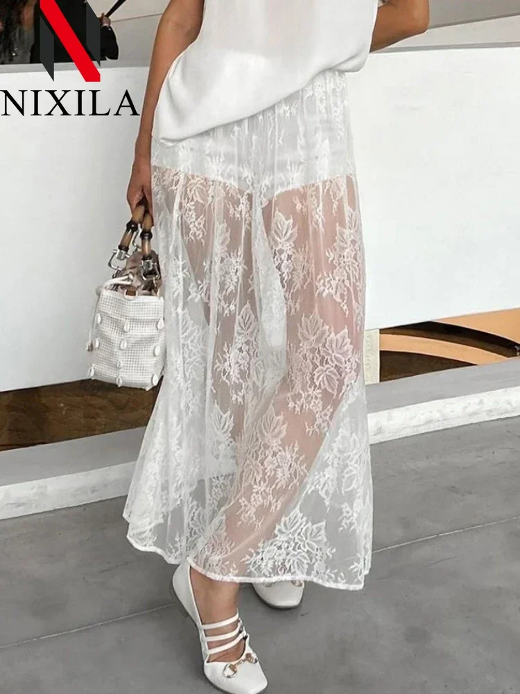 

Летнее кружевное жаккардовое прозрачное платье с юбкой для женщин с высокой талией, сексуальная повседневная длинная уличная одежда, модная белая одежда макси