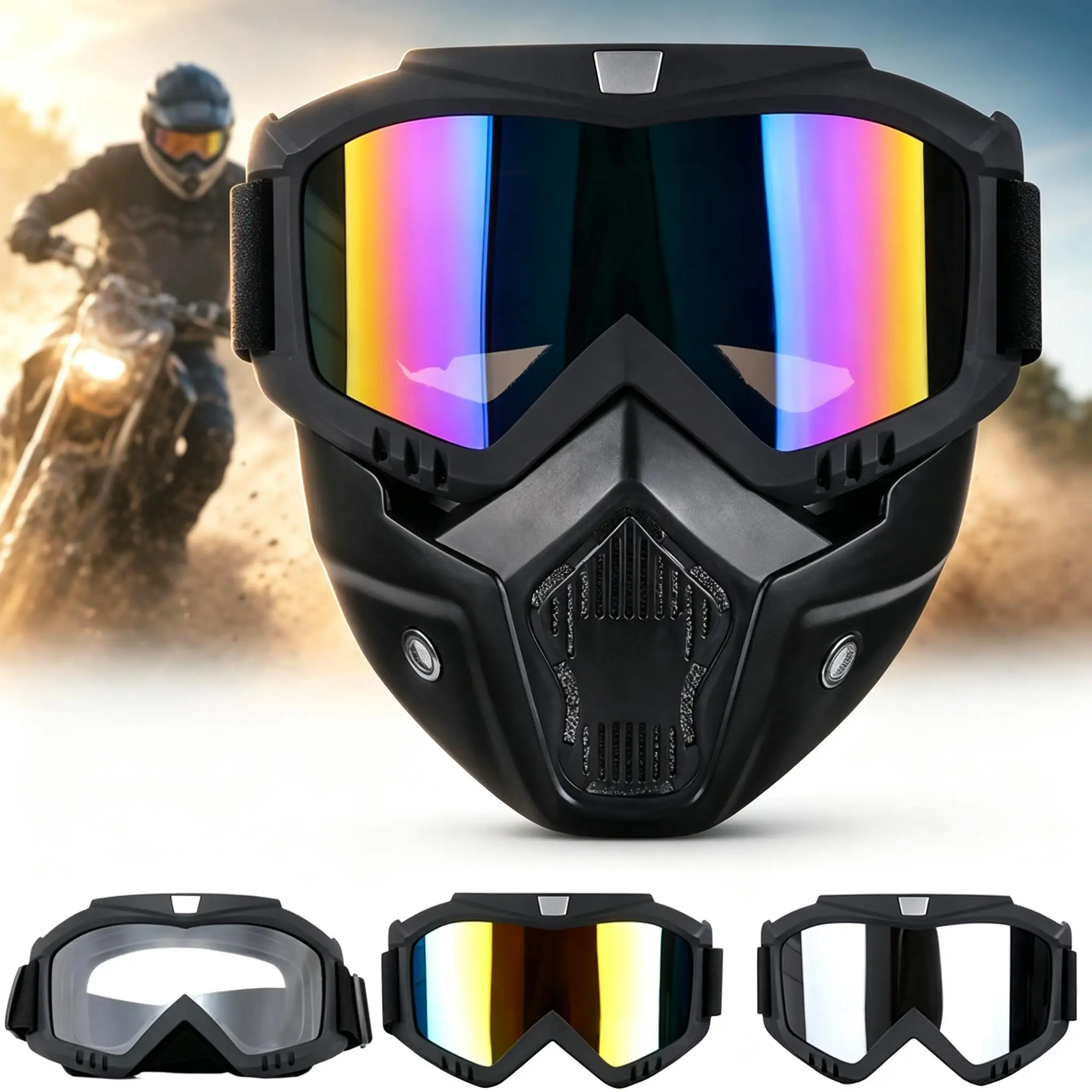Shock‑Resistant Detachable Face‑Cover Goggle for Men Women, for Snowmobile Desert Wilderness Long‑Distance Outdoor Travel