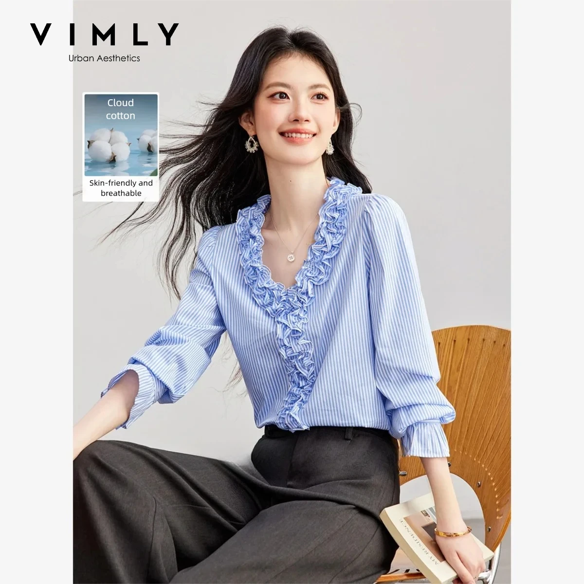 VIMLY Women's Blue Striped Shirt 2026 French Ruffled V-neck Long Sleeve Blouse New Autumn Fashion Office Lady Tops Female A7292