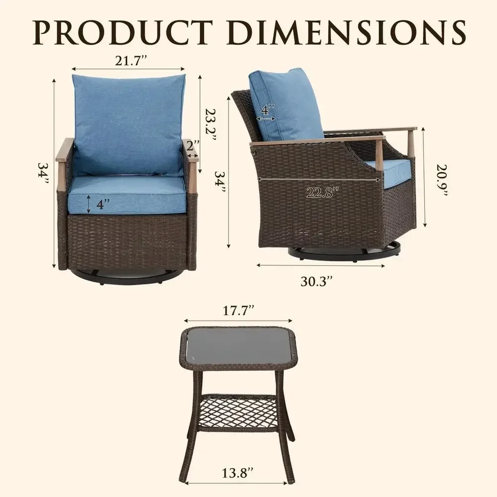 3-Piece Wicker Swivel Glider Set with Side Table and Cushions for Outdoor Patio, Garden, and Porch