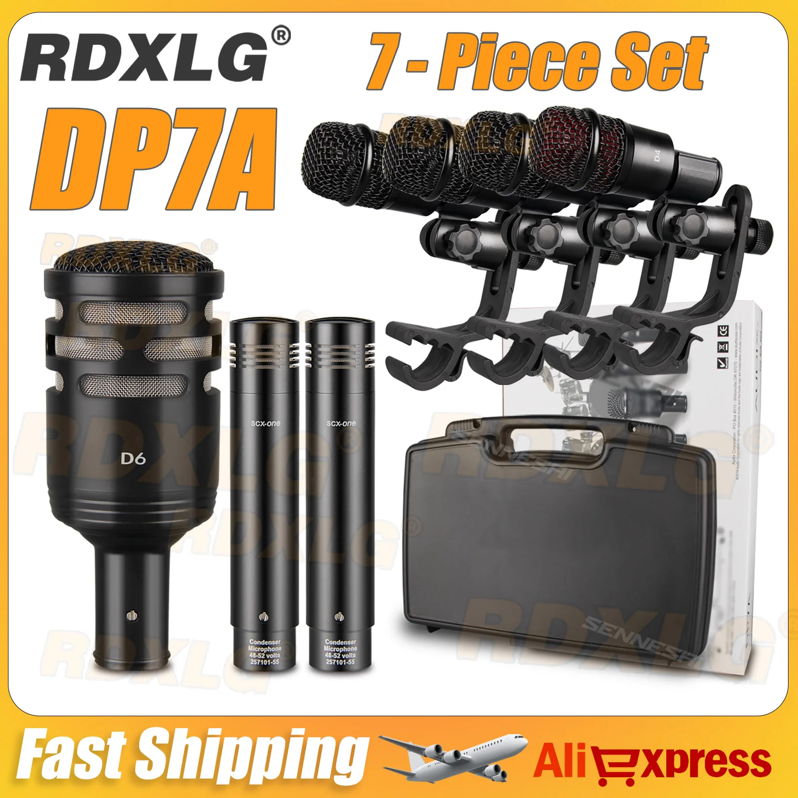 DP7A 7-Piece Wired Instruments Dynamic Drum Microphone (Metal)- Kick Bass, Tom/Snare & Cymbals Mic Set With Box Use Top Quality！