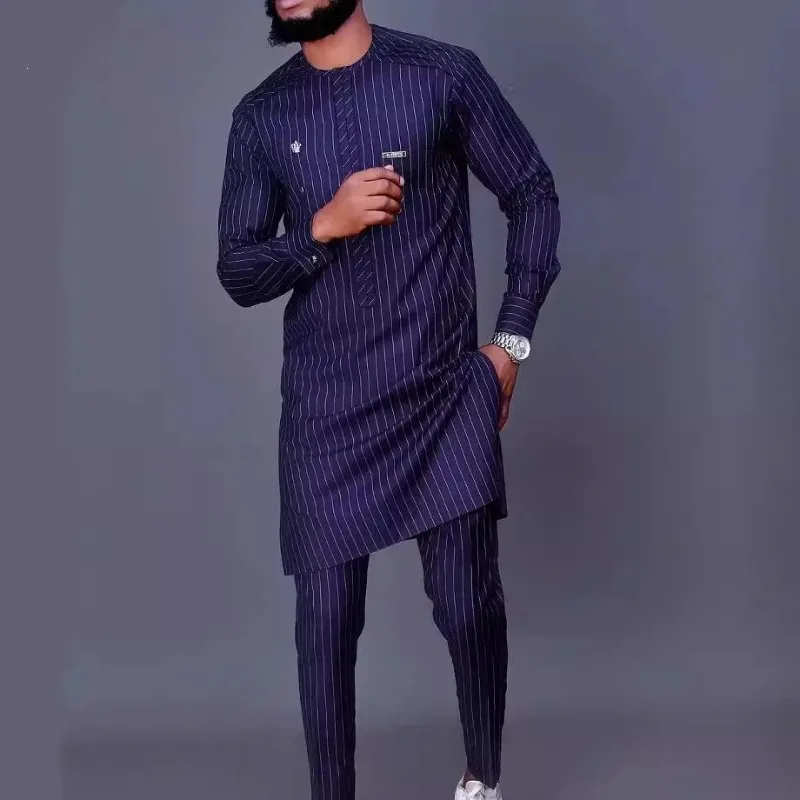 2 Piece Dashiki African Clothes for Men Autumn Fashion African Long Sleeeve O-neck Polyester Top Long Pant Matching Sets Outfits