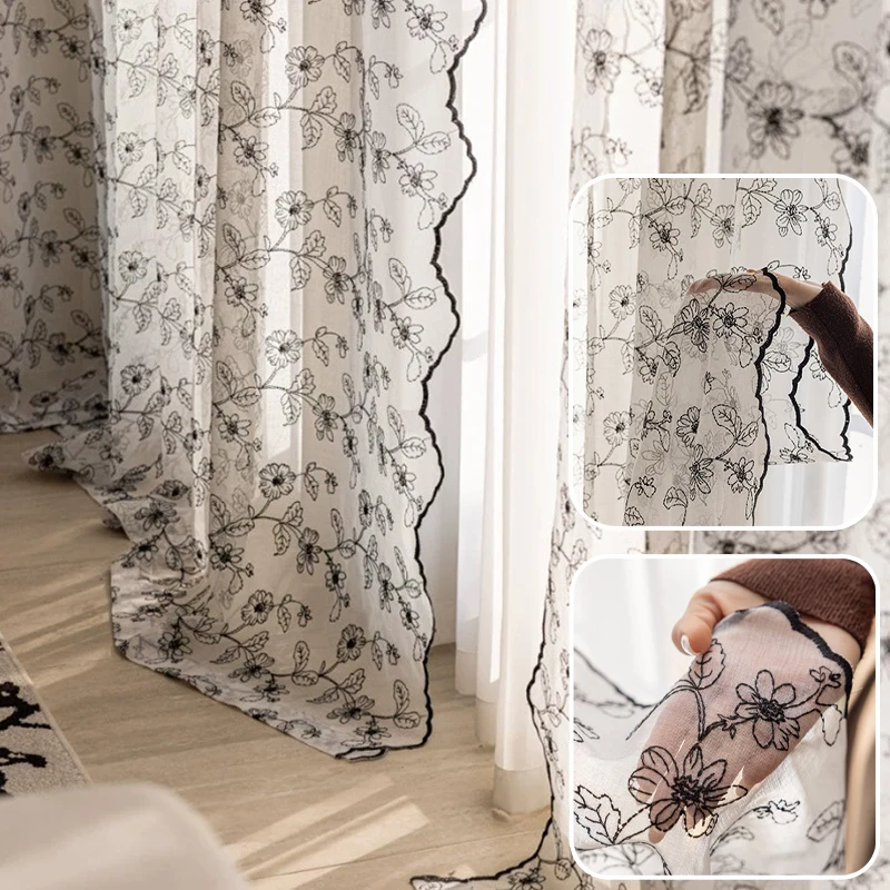

French Vintage Sheer Curtains Black White Embroidery Boho Floral Design Rod Pocket for Bay Window Living Room Bedroom Decor