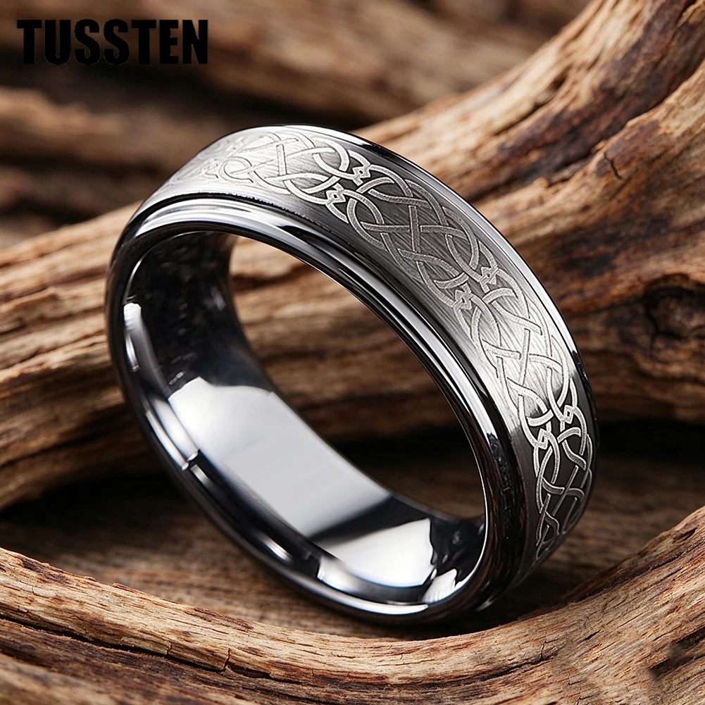 TUSSTEN 6/8MM Tungsten Wedding Band Ring for Men Women Celtic Knot Ring Engraved Rings