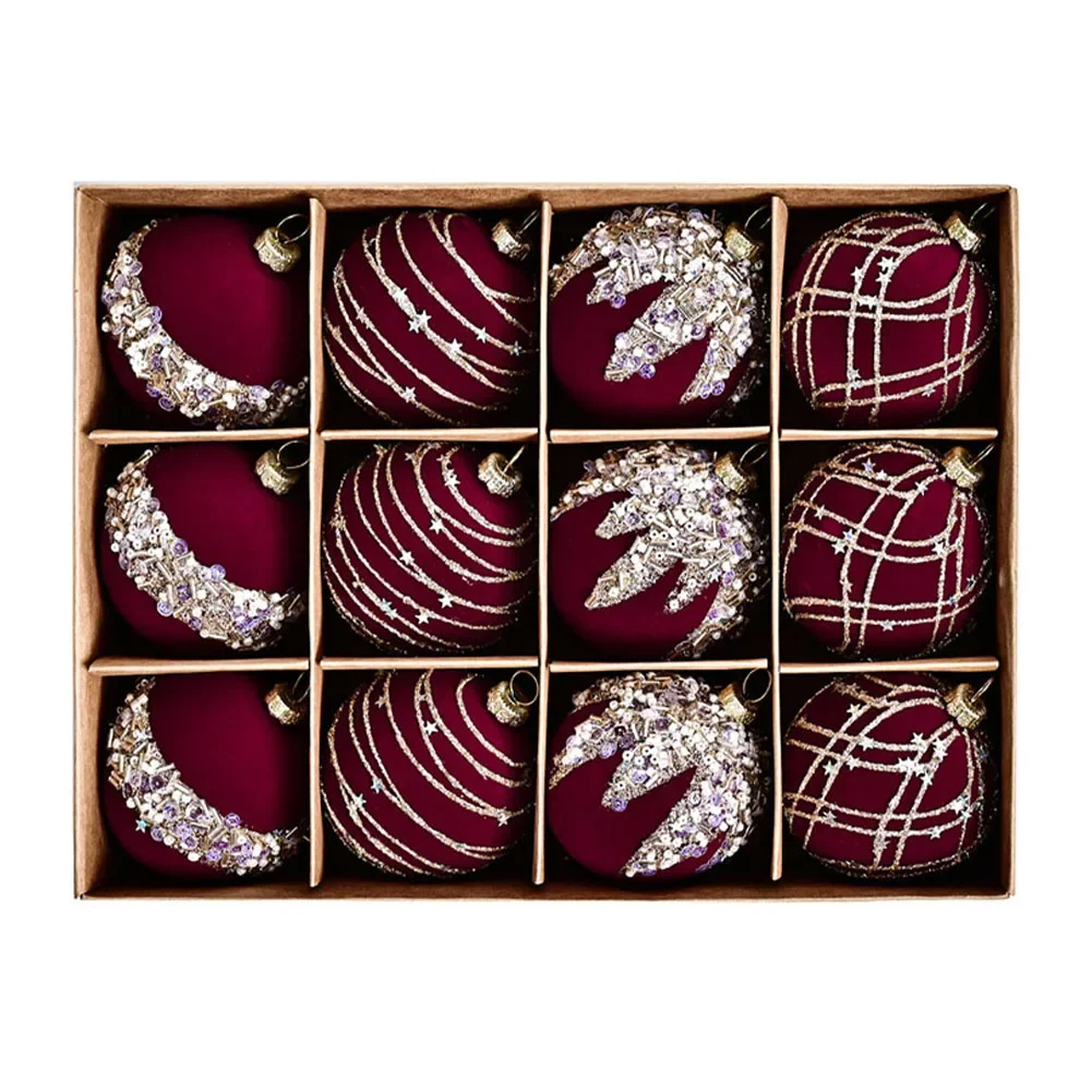 Breathtaking Holiday Additions Beautifully Crafted 6CM Flocking Velvet Diamond Sequin Christmas Ball Set of 12