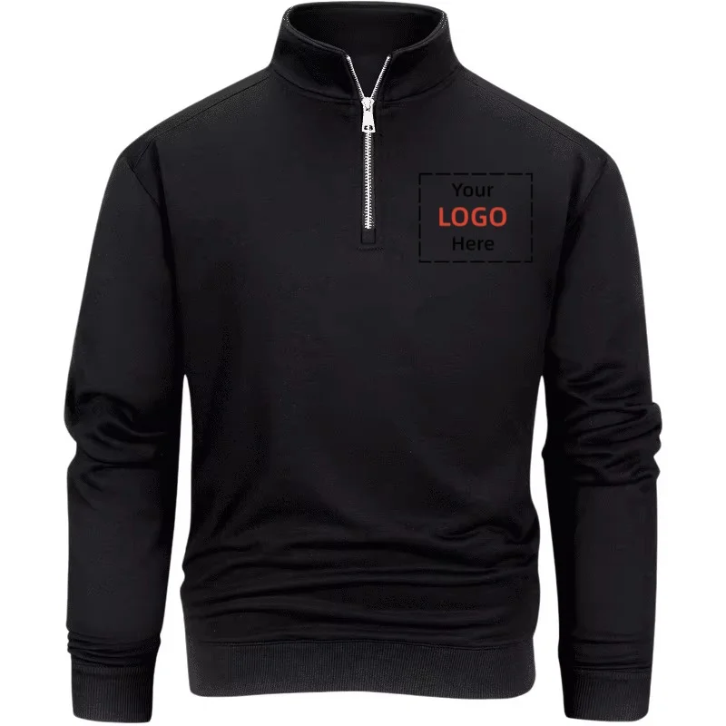 Custom Logo Men Quarter Zip Sweatshirt Solid Color Stand Collar Pullover Personalized Print Casual Long Sleeve Sweat Tops