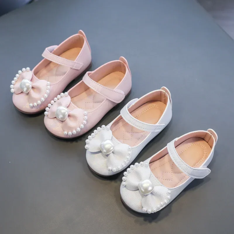 Baby Girls Leather Shoes Kids Flats Children Casual Flats Bow-knot Princess Sweet 2024 Spring Brand New Soft Rhinestone Pearls