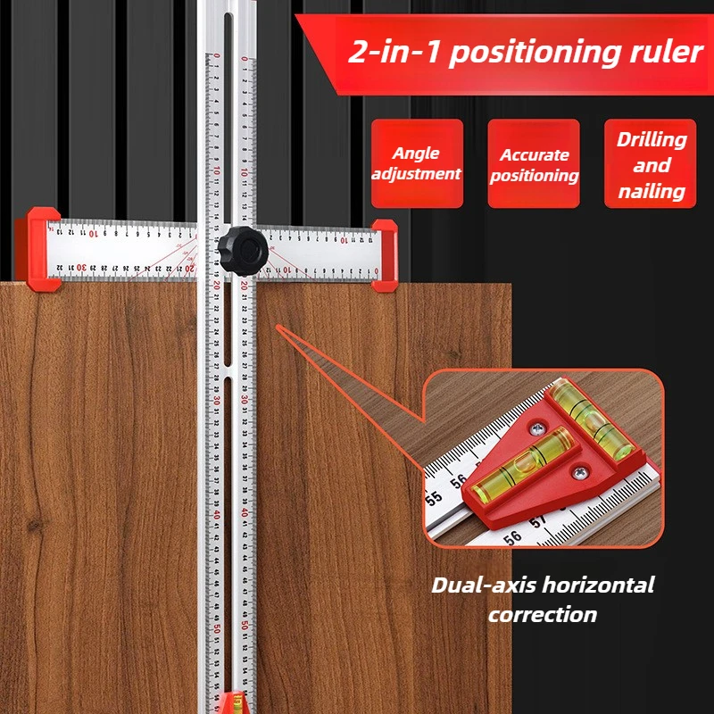 T-shaped Combination Right Angle Ruler 2 in 1 Woodworking Punching Positioner Angle Adjustment Drilling Ruler Drawing Gauge Tool