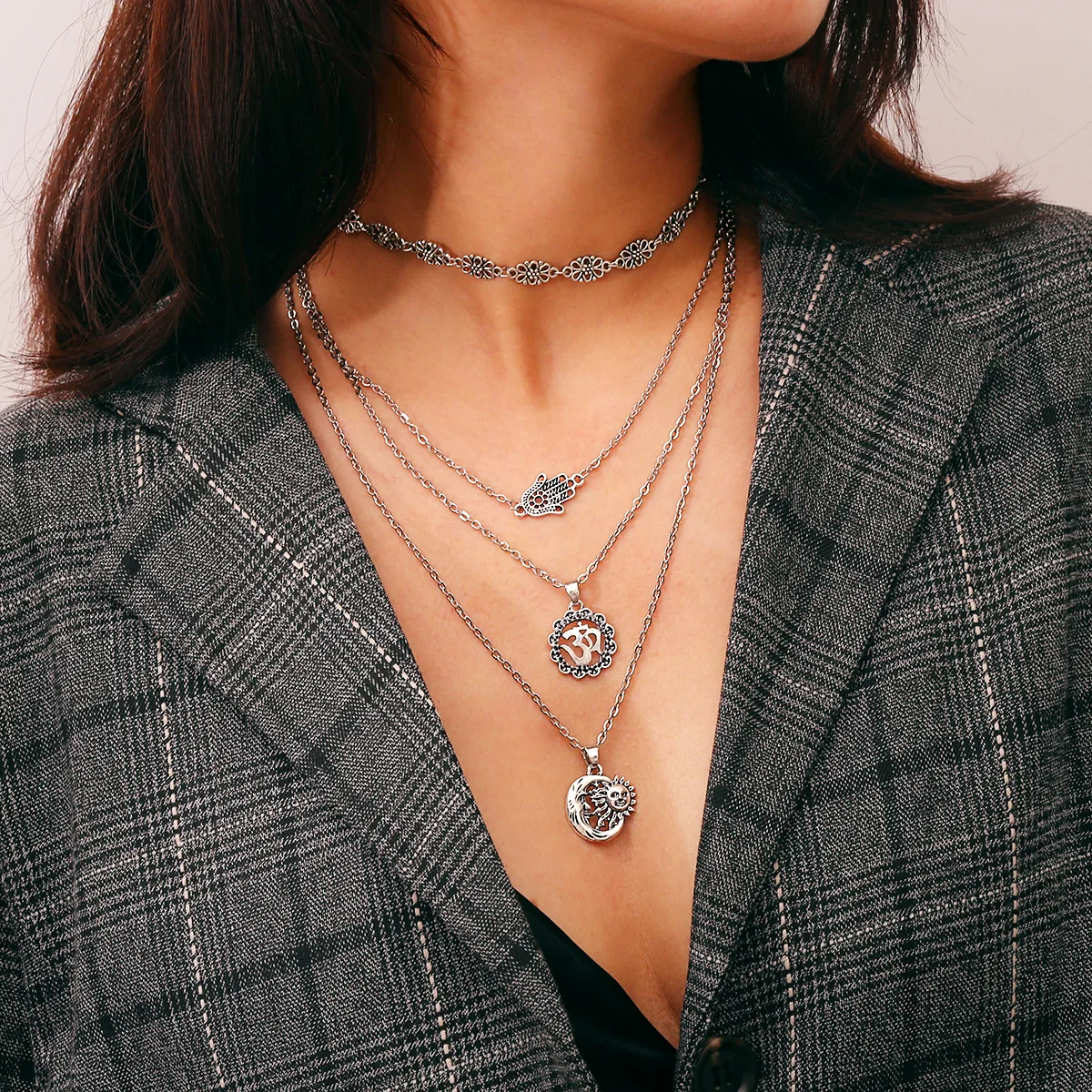 Accessories, retro fashion ethnic style accessories, personalized multi-layer alloy 3D digital pendant necklace women