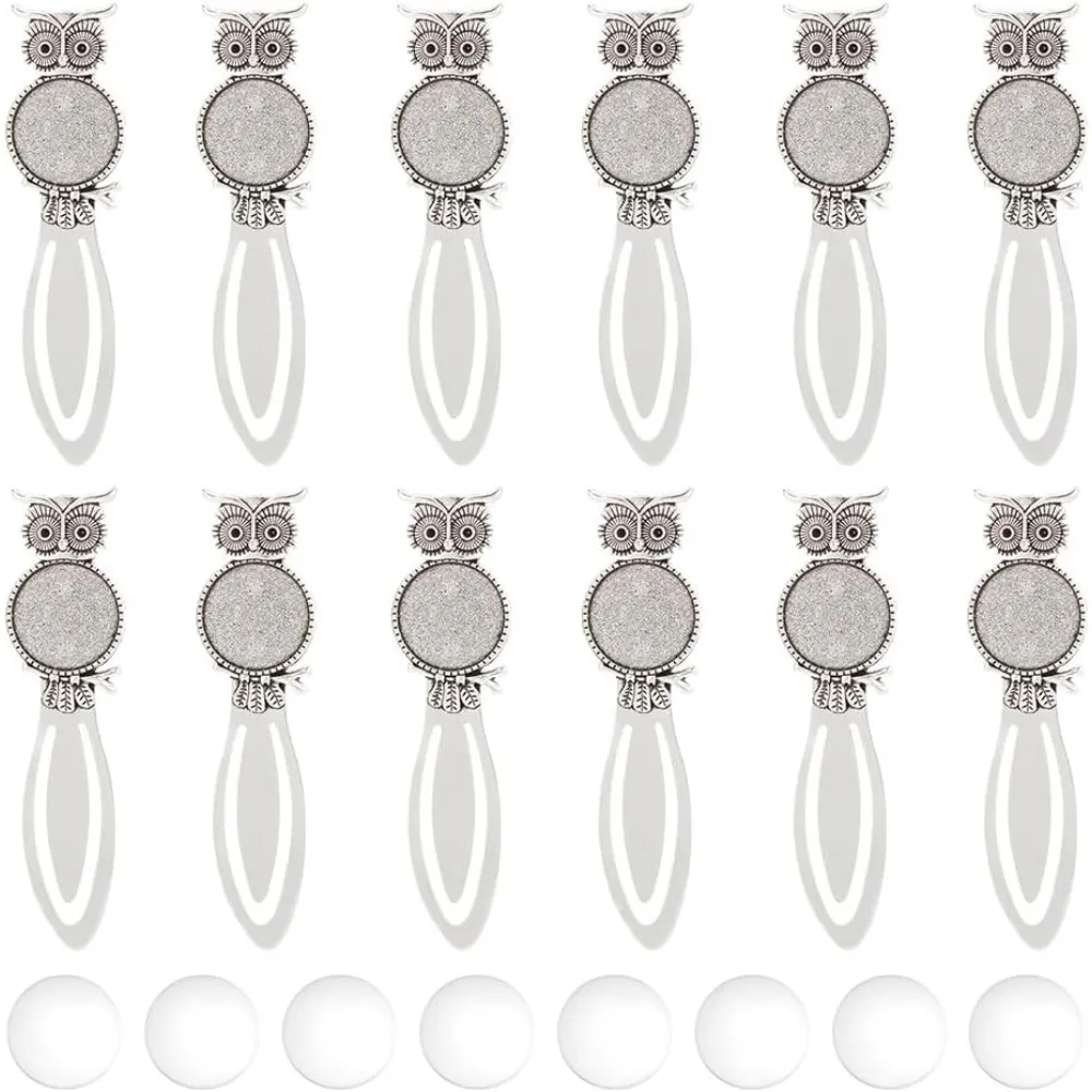 

12 шт., наборы закладок в форме совы, закладки из сплава с кабошоном, антикварные закладки, настройки с круглым подносом и подходят для DIY