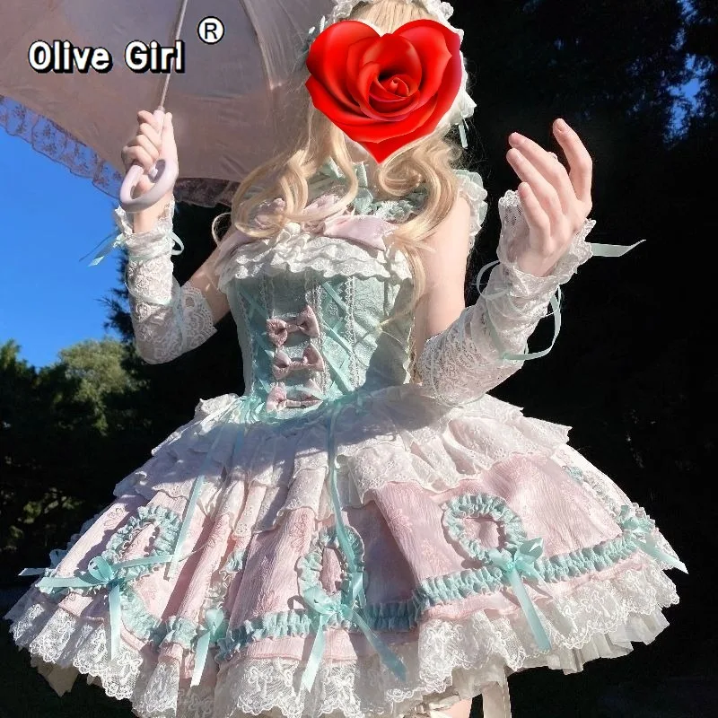 

Olivegirl Original Lolita JSK Butterfly Sweet Blue Pink Layered Ruffle Corset Outfit Princess Party Cosplay Bow Lace Dresses Y2K