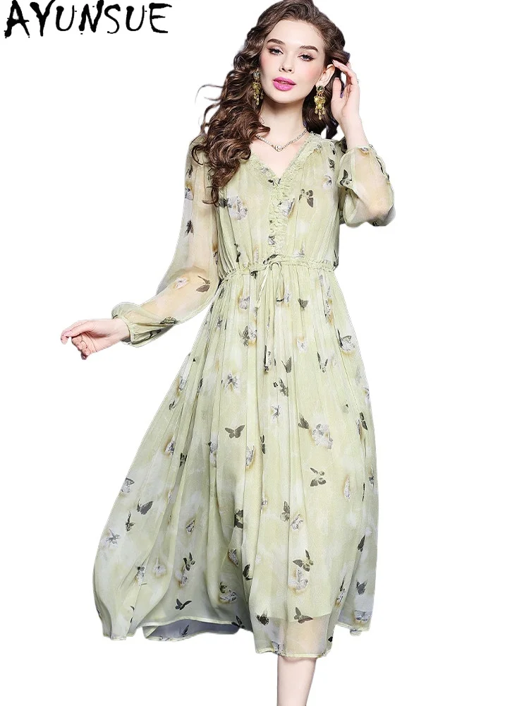 

AYUNSUE 100% Real Mulberry Silk Elegant Dress for Women High-end Summer Woman Clothes Party Dresses 2026 Print Платье Женское