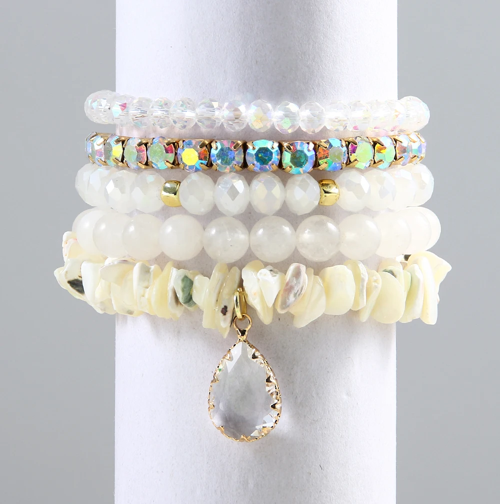 Fashion Bohemian Women Stack Jewelry, 5pcs Multicolor Natural Stone Glass Shell Beaded Elastic Bracelet Set