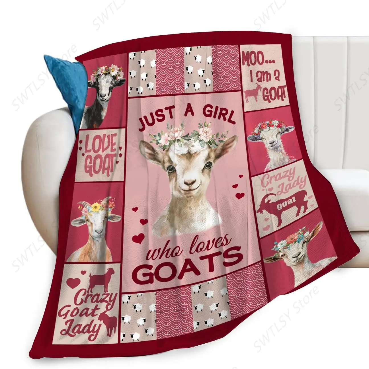 Goat Blanket Just A Girl Who Loves Goats Cute Pink Sheep Lamb Animal Print Throw Blankets for Sofa Stuff Decor Soft Cozy Fleece