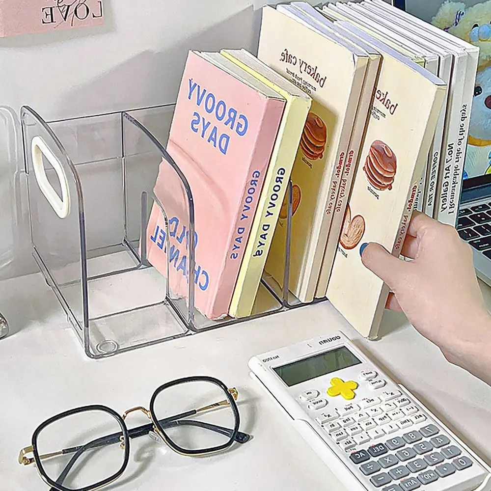 Transparent Acrylic Bookends Convenient Clear Desk Organizer with Handle Desktop Sorting Rack Divided Book Stand Study Supplies