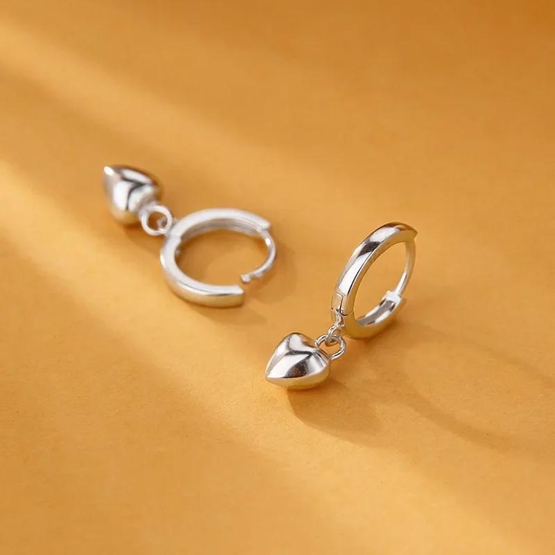 Silver Plated Huggie Hoop Earrings 3D Puffy Heart Charm Dangle Earrings Minimalist Women Daily Fashion Jewelry