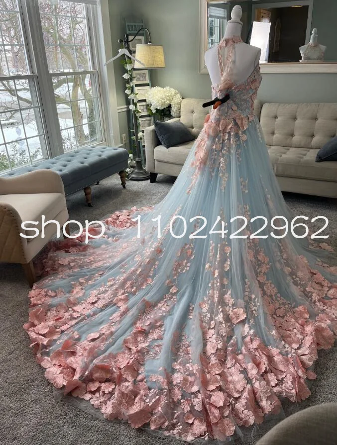 Pink and Blue 3D floral  Wedding dresses princess fairytale garden outdoor bridal gown outfit customsized 2025