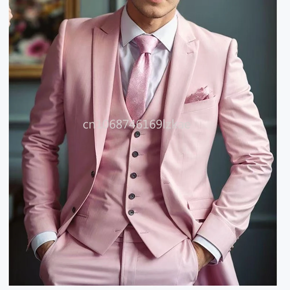 Fashion Pink Wedding Men Suits 2024 Single Breasted Peak Lapel Regular Length Outfits Costume Homme 3 Piece Jacket Pants Vest