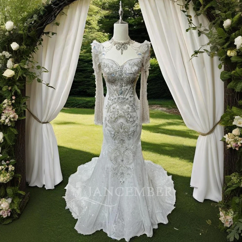 

Jancember Summer Mermaid Sexy High Neck Wedding Dresses For Women Backless Bridal Gowns Elegant Mopping Length Vestidos de Novia