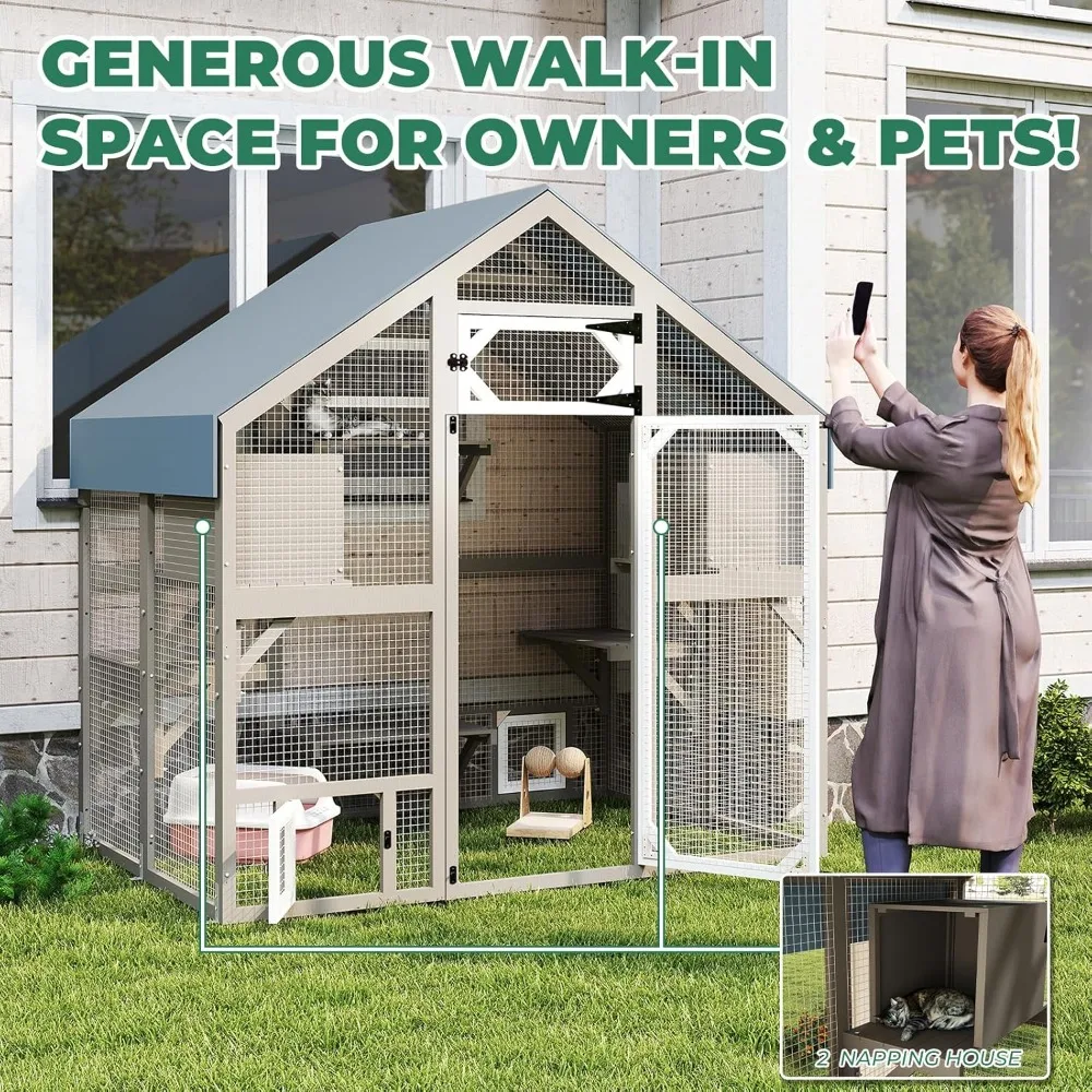 حاوية كبيرة للقطط في الهواء الطلق، منزل مشي مقاوم للطقس مع نافذة مرفقة للقطط المتعددة، قفص مقاوم للماء