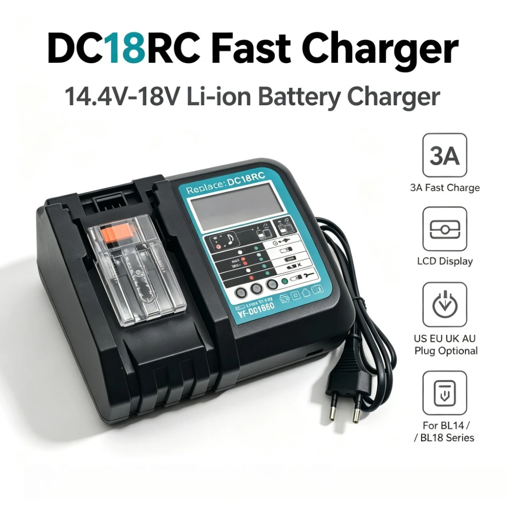 14.4‑18V 3A Fast Battery Charger LCD Display DC18RC Replacement Charger Multi‑Plug For BL14 BL18 Series