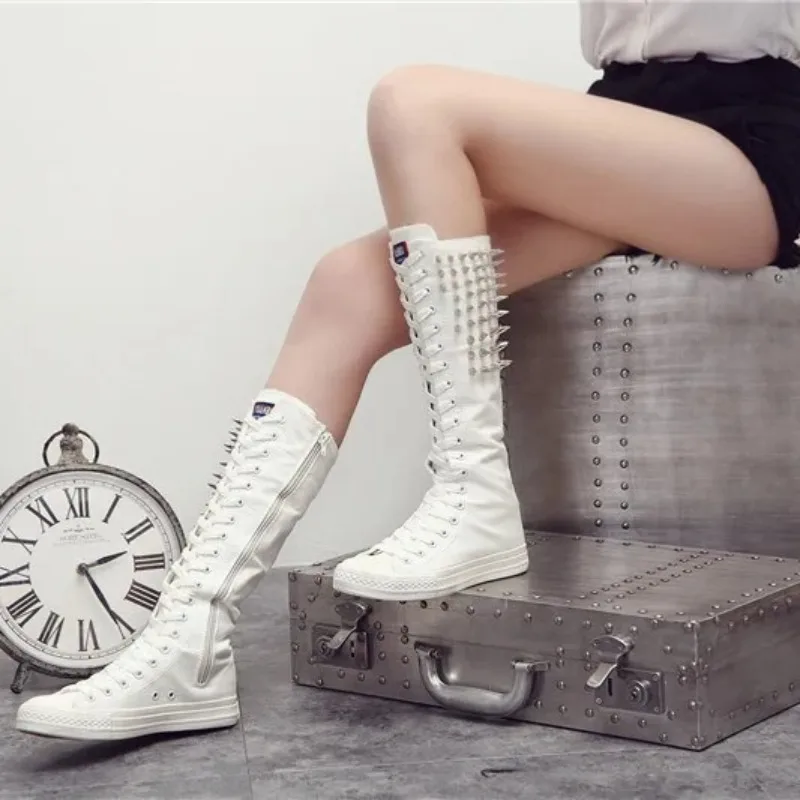 

Women's Boots Fashion Designer Rivet Punk Zipper Women's Boots Knee-length Comfort Flat Heel Canvas Long Boots Botas Para Mujer