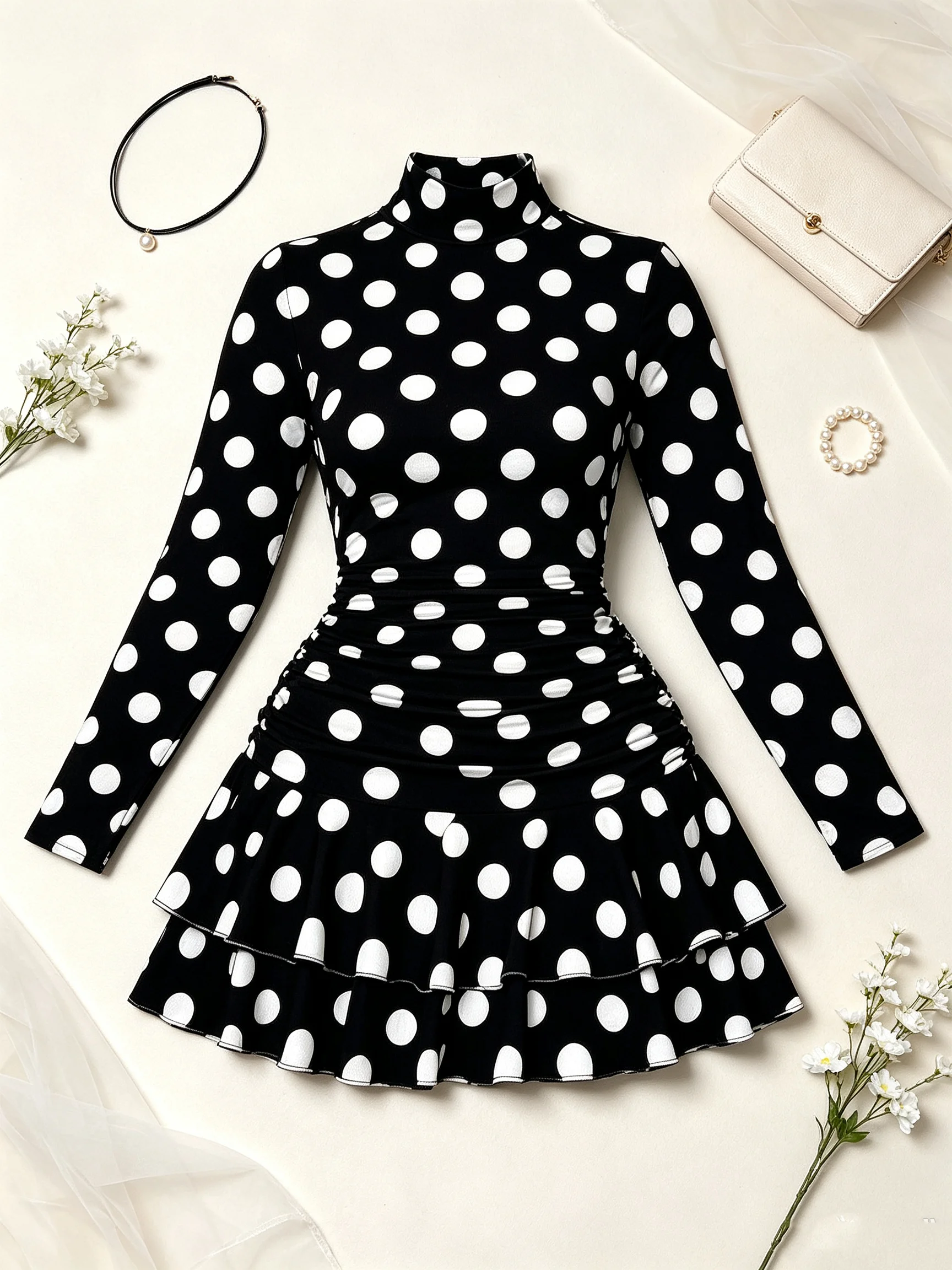 Damenkleid mit hohem Kragen und Polka-Dot-Print, Herbst, lässige Eleganz, lange Ärmel, tailliert, Mini-A-Linien-Rock – Detail 2