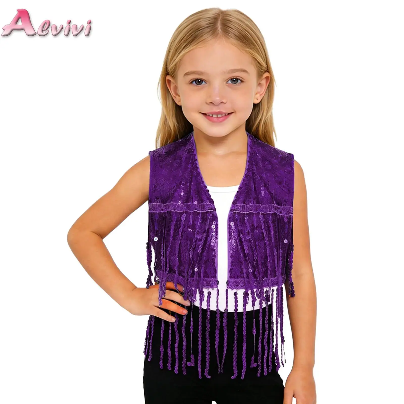 Kids Girls Shiny Sequin Tassel Vest Sleeveless Open Front Fringed Crop Top Jazz Dance Cha-Cha Performance Competition Waistcoat