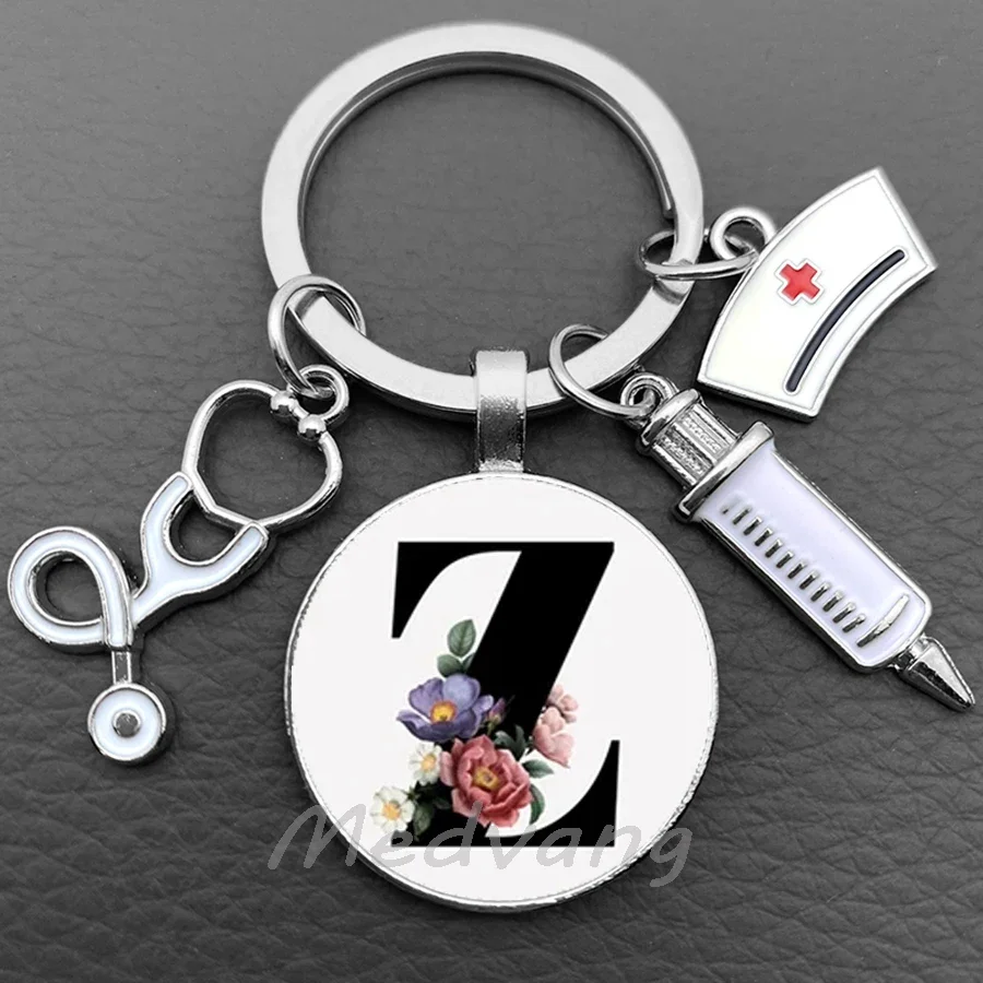 Nurse Doctor Medical Tools Pendant Stethoscope Syringe Nurse Hat Keyring Medical Gift 26 Letter Keyring Nurse's Day Gift