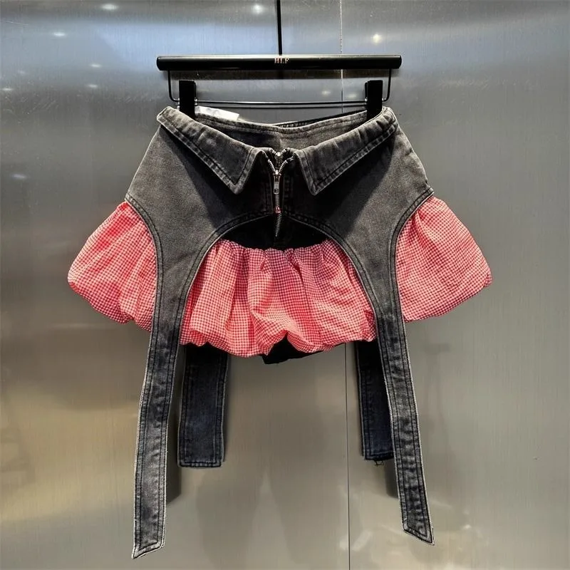 

Irregular High Waist Grunge Harajuku Short Mini Skirt Hot Girl Streetwear Fake 2pcs Y2K Harajuku 90s Sexy Women's Denim Skirts