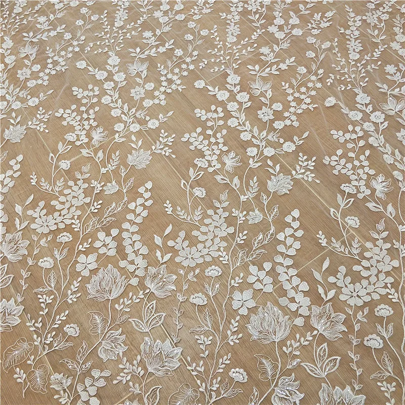 Ivory White Sequined Embroidered Lace Fabric, Wedding Dress DIY Accessories, RS2498