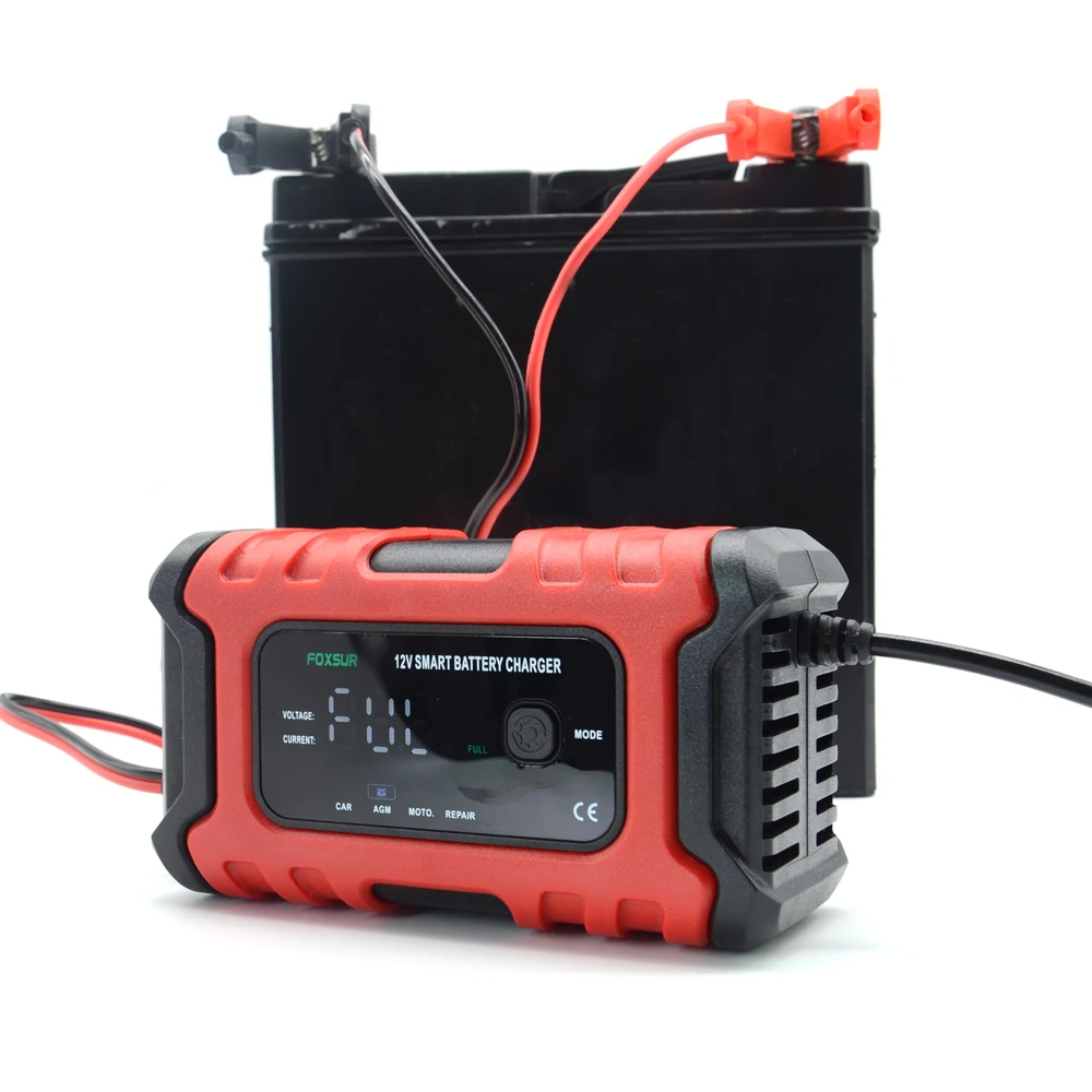 FOXSUR 12V 6A Smart Battery Charger with LED Display, Motorcycle & Car Battery Charger 12V AGM GEL WET Lead Acid Battery Charger