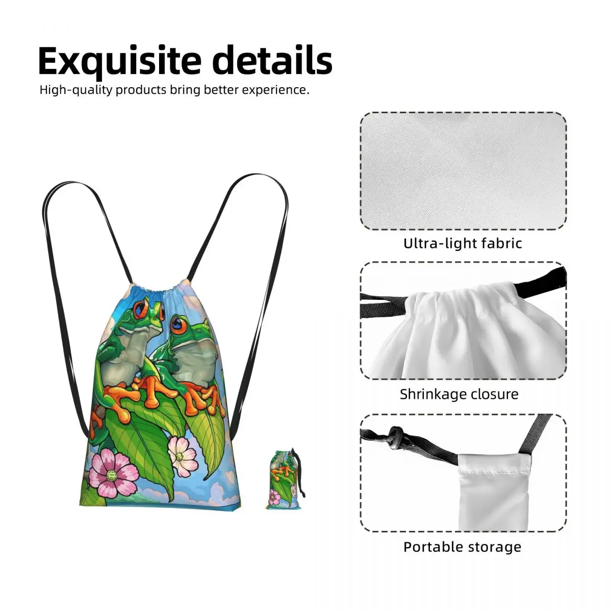 Cartoon Jungle Frogs Drawstring Backpack hiking cycling Bag Portable Travel Drawstring Bag for Men Women